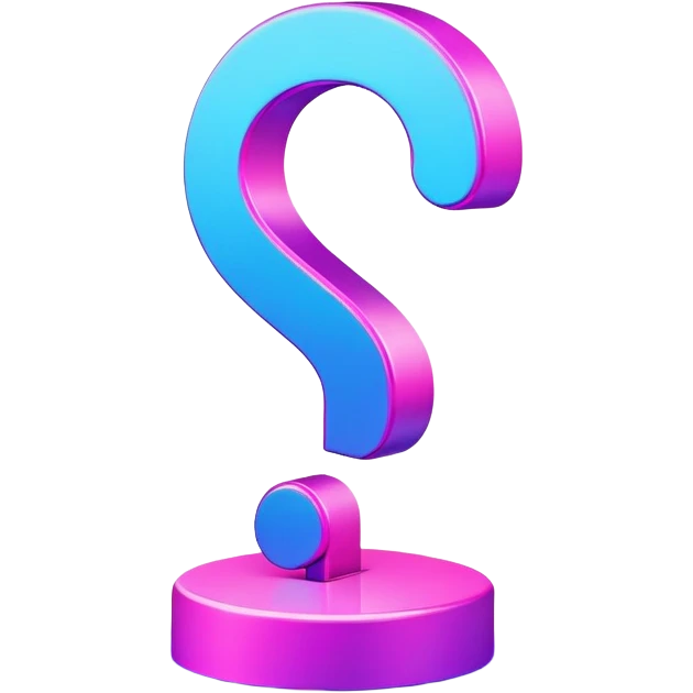 three-dimensional question mark with neon glow effect, blue and purple neon glow on top left, pink neon glow on bottom right emoji