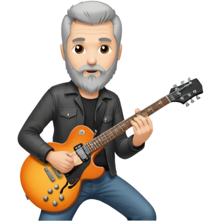 a short grey hair, with long side beard shop, middle age metal head with a classic epiphone eletric guitar emoji