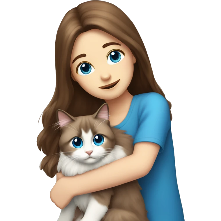 girl with brown hair and hug ragdoll cat with blue eye emoji