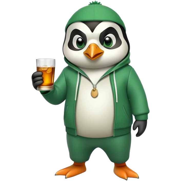 full body friendly anthropomorphised penguin wearing green mafia-style tracksuit, angry confident scheming stance, holding glass of whiskey emoji