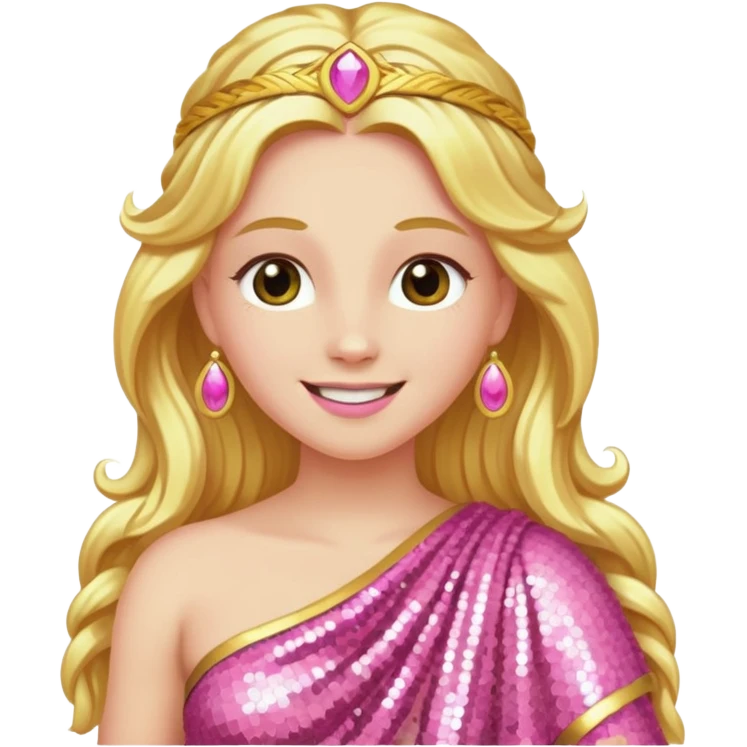 Venus Love Goddess with long golden hair, pink sequin toga emoji