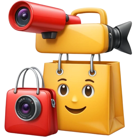 map pin with shopping bag and video camera, modern and bright, apple style emoji emoji
