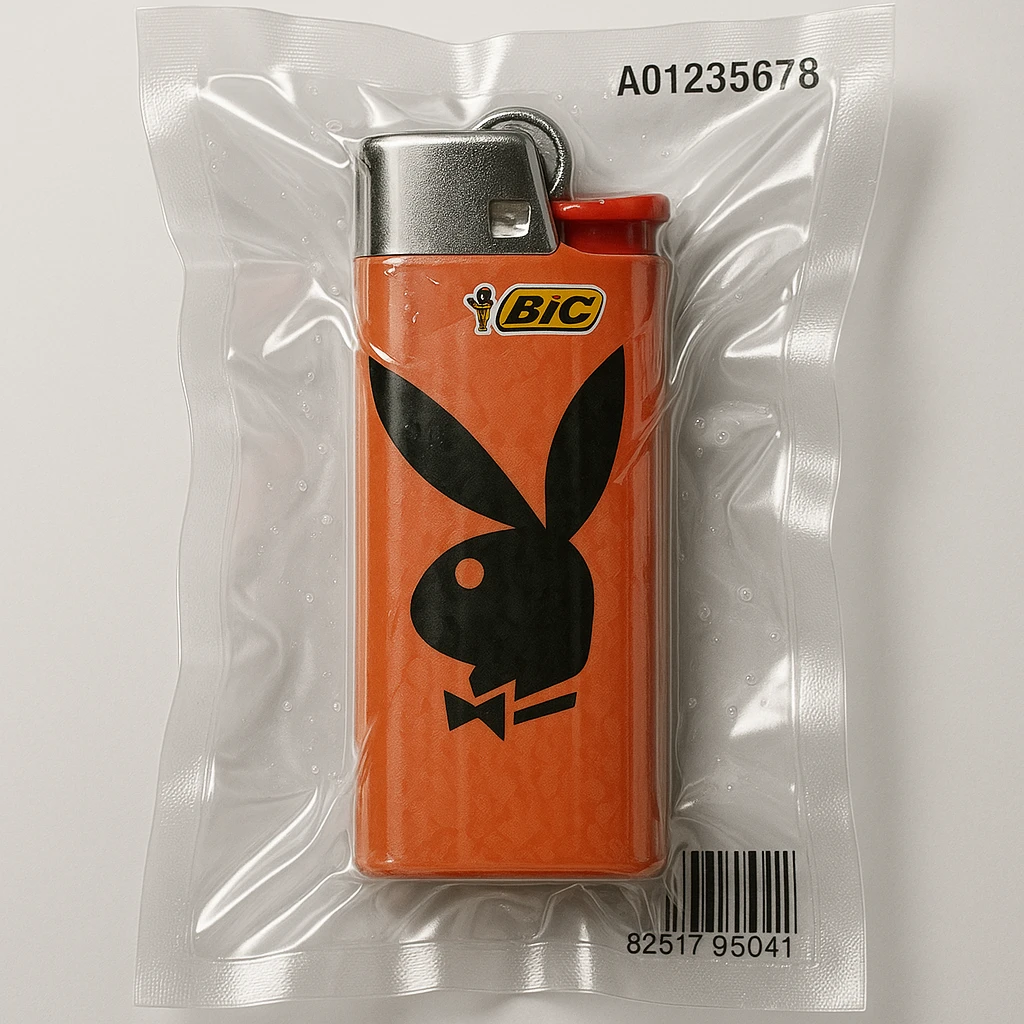 BIC lighter in vacuum-sealed style, glossy and puffy, featuring a classic Playboy Bunny model illustration on the lighter emoji
