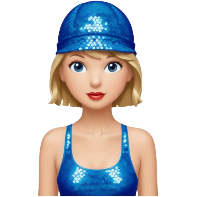 Taylor Swift wearing a one piece blue bathing suit with sparkly sequin straps. She is also wearing a sequin blue swim cap with a sequin strap going under her chin.  emoji