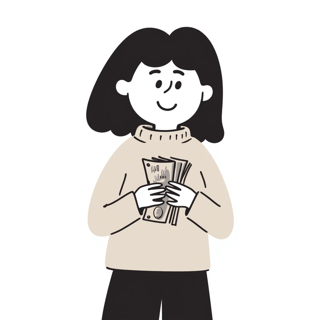 girl with rummy hair in beige sweater happy with money in hands emoji