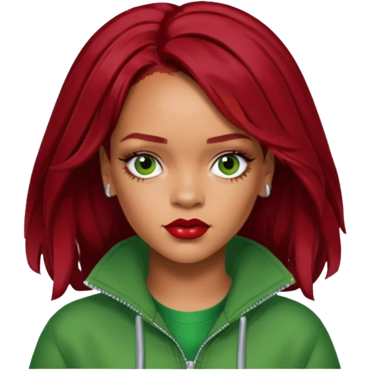 Rihanna dark red hair, green outfit emoji