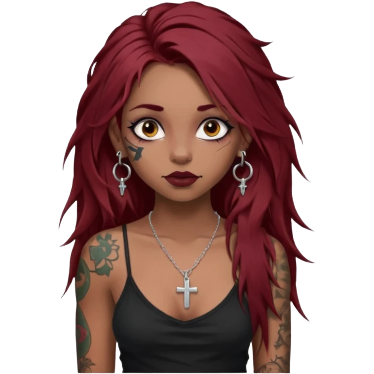 generate an ios genmoji of a dusky girl with long dark red messy hair with eyeliner on her eyes.  septum piercing, wearing a cami black top, has tattoos, on shoulders. ear piercings. wearing a cross silver necklace. carrying a big roll of fabric  emoji