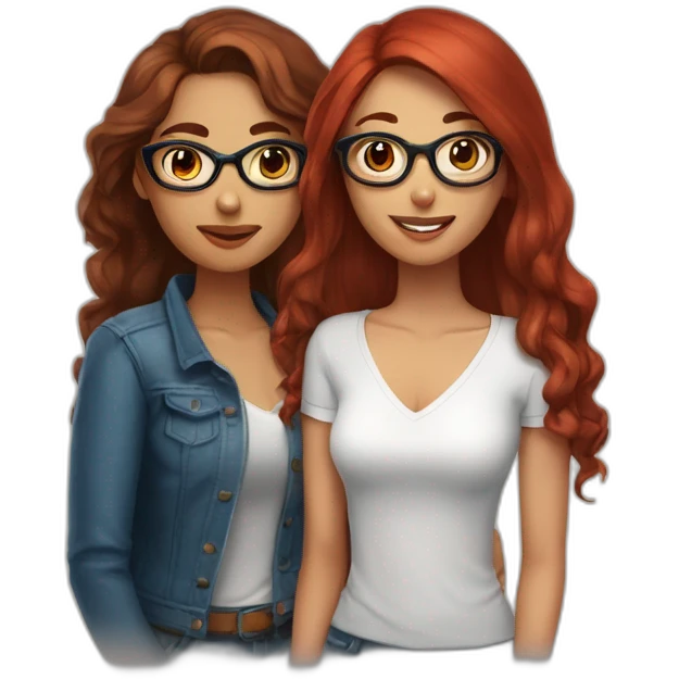 Wlw couple Latina girl with long dark hair and red head girl with blue eyes and glasses  emoji