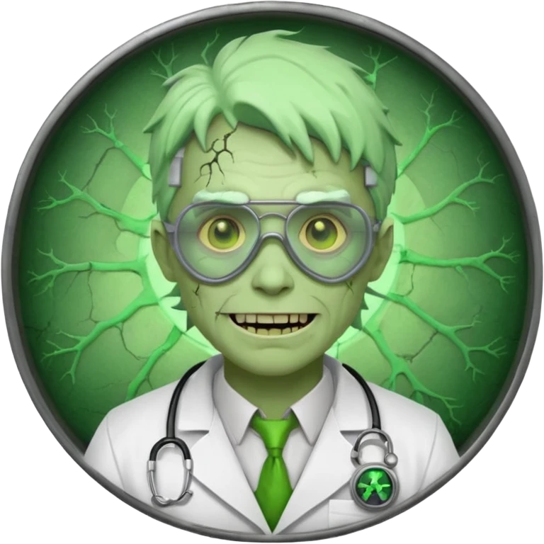 radioactive zombie scientist portrait, head and shoulders only, glowing toxic veins, cracked goggles, lab coat with radiation badge, sinister smile, 3D cartoon, mobile game icon style, clean background, no text, no watermark
 emoji
