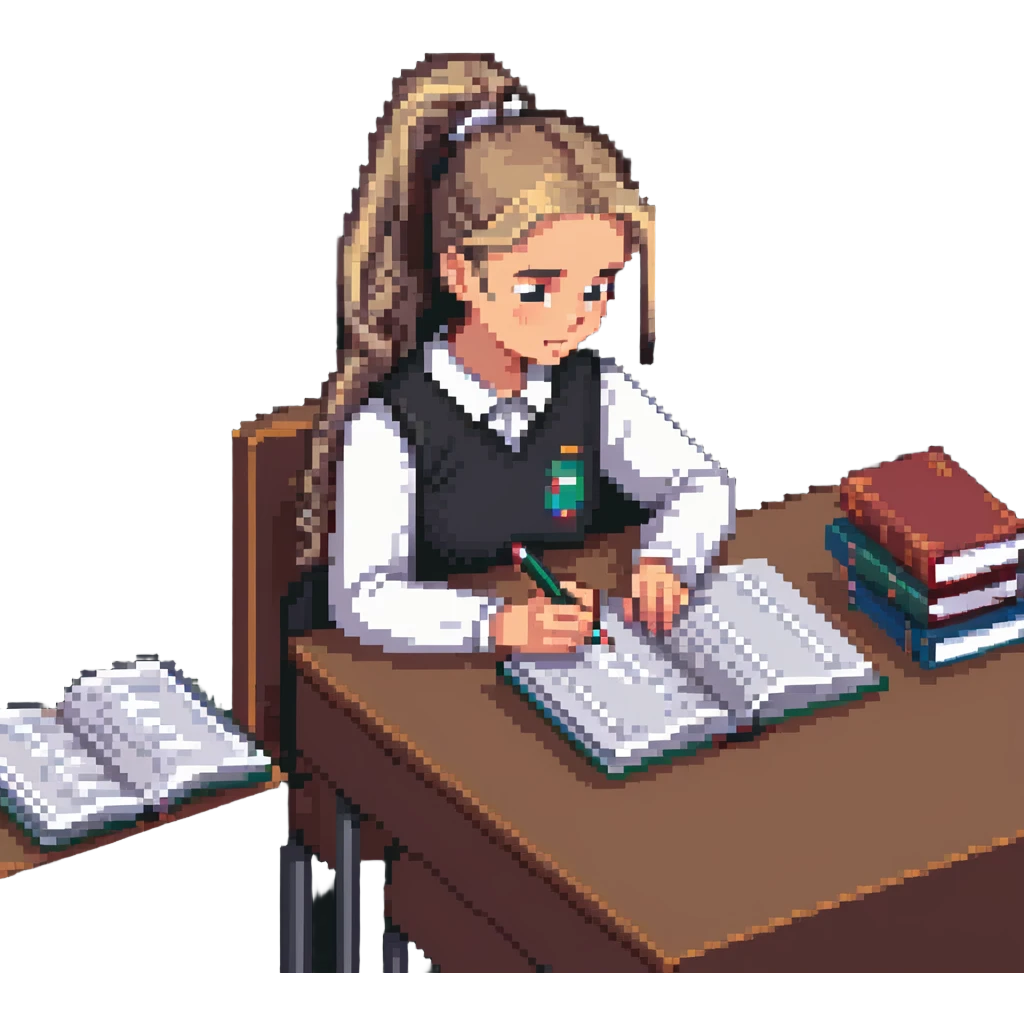 Girl with ponytail working on exam at desk with textbooks emoji