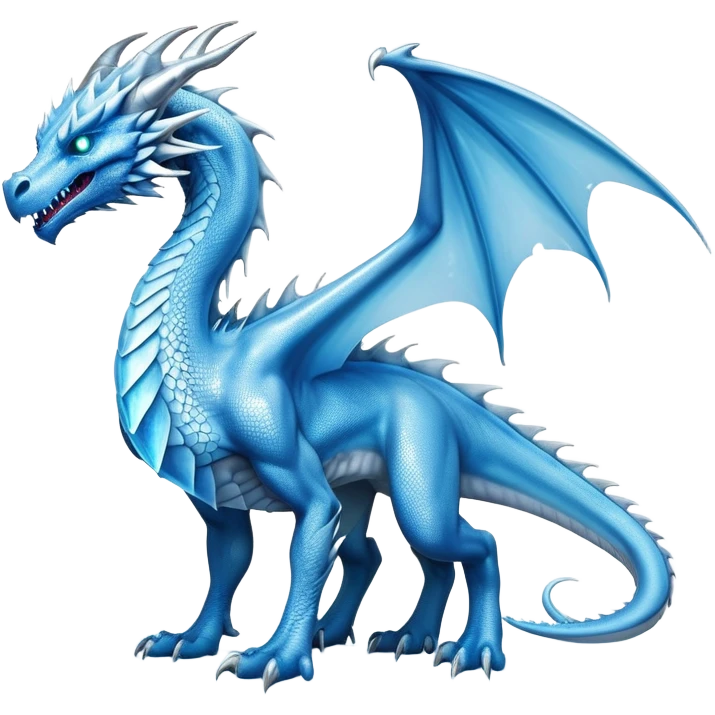 Cinematic Noble beautiful  Ice Dragon full body Emoji, Poised and imposing, distinct long elegant snout, with a slender, scaled body shimmering in glacial hues of icy blue, frostbitten silver, and crystalline white, breathing out frost, with piercing, glowing eyes that radiate the chilling depths of an arctic storm; rendered in detail. displaying its wings emoji