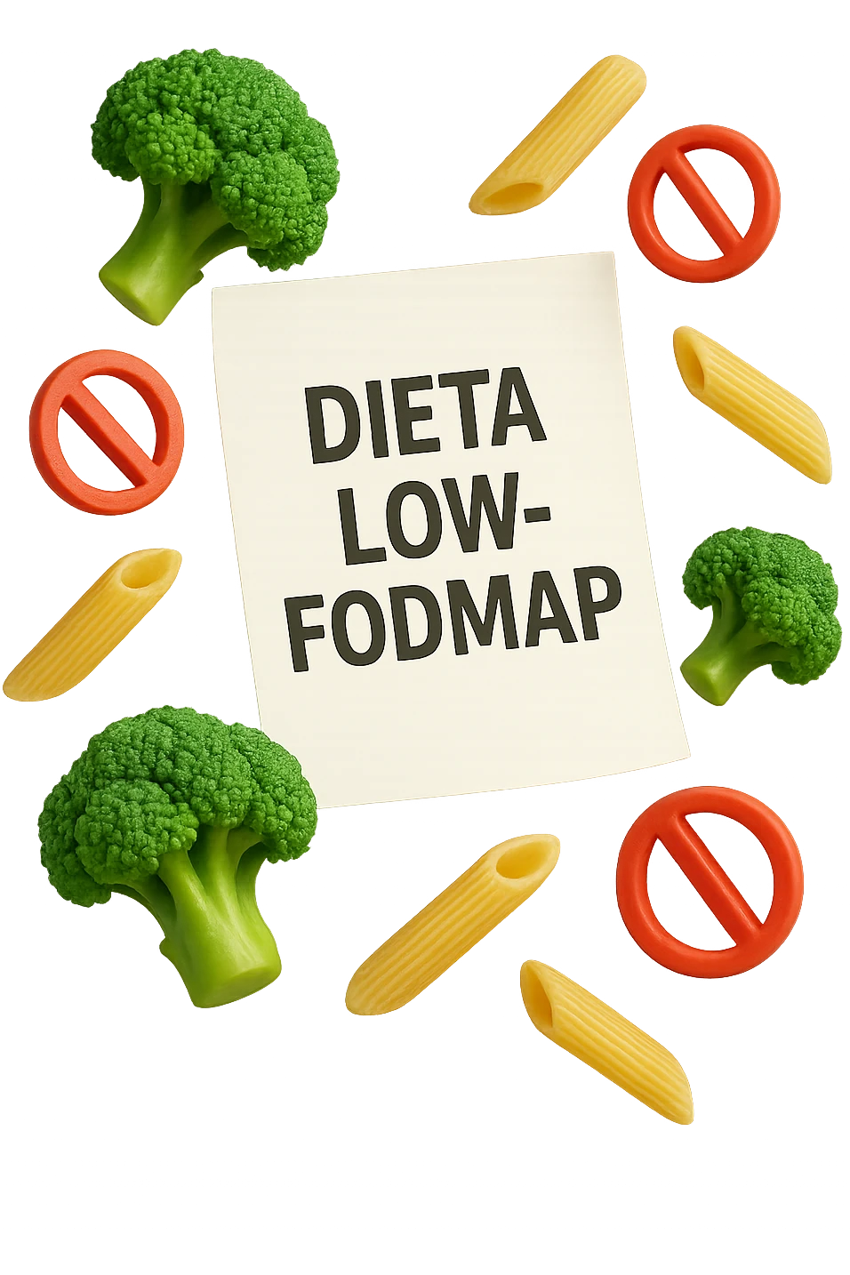BROCCOLETTI E PENNE DI PASTA RIGATE FLUTTUANO IN ARIA insieme a piccoli divieti 3d, DAVANTI A LORO FLUTTUA UN FOGLIO CON LA SCRITTA "dieta low-fodmap" emoji