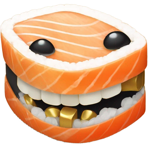 A piece of sushi smiling with gold teeth emoji
