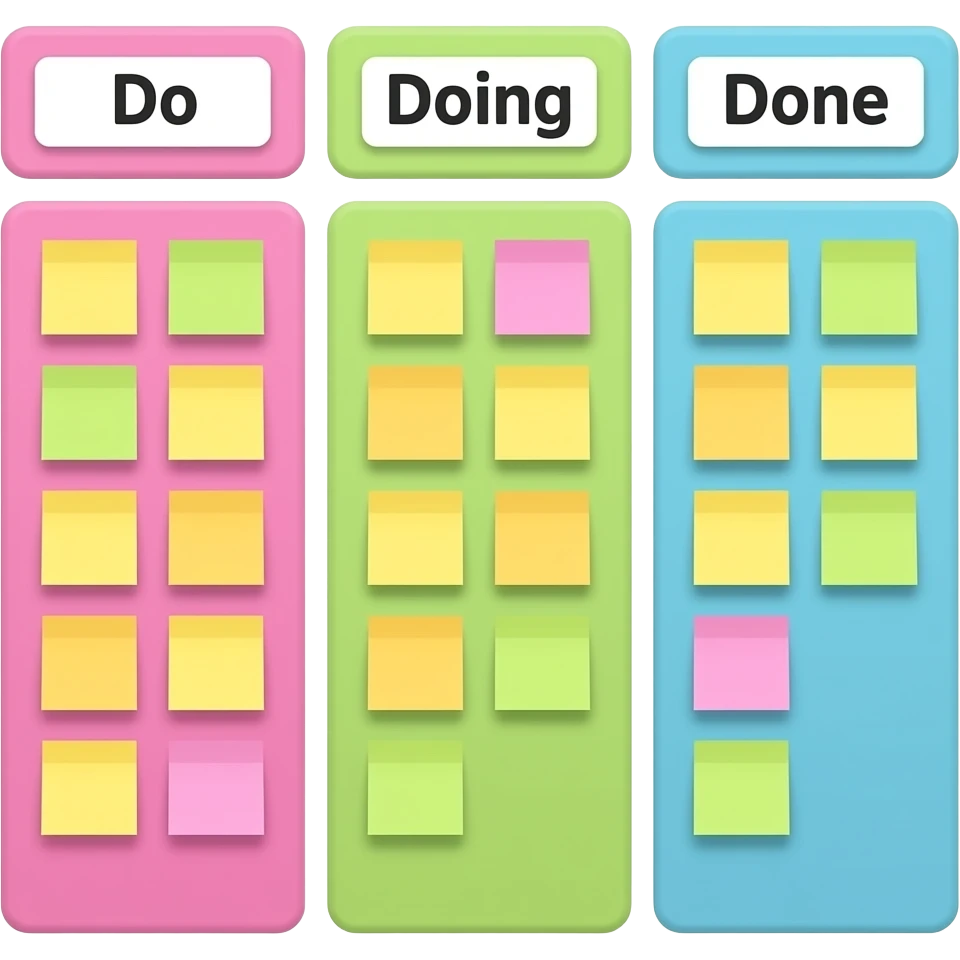 Kanban board with the columns: Do, Doing and Done. Each column has different pastel colors and post-its on them. emoji