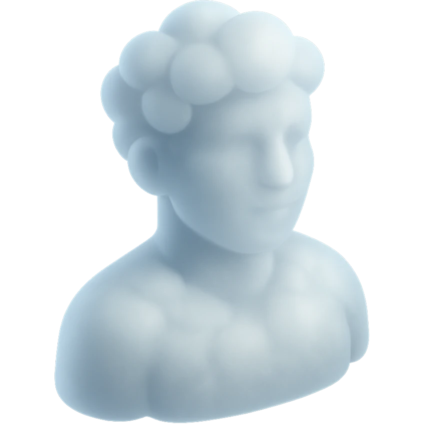 person looking straight, fully made of white fluffy convex clouds, shoulder up, matte glass style emoji