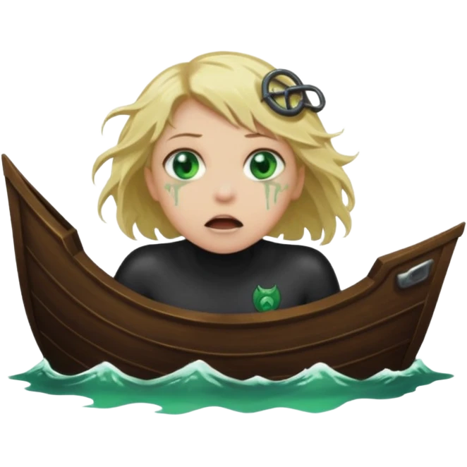 sad depressed weak cs major who is a pretty girl with blond hair and green eyes drowning on ship, very pretty very sad and weak. Near death almost dead drowning. But the pretty girl is like the whole ship and her face is on the helm dark lovecraft evil. emoji