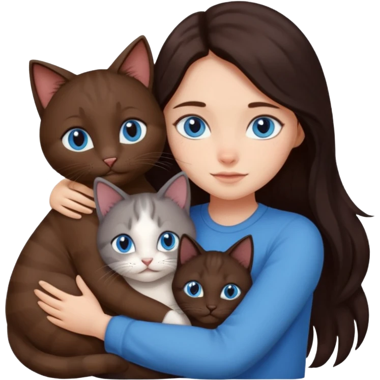 a girl with long dark 
brown hair, with blue eyes, hugs 3 different natural coloured cats emoji