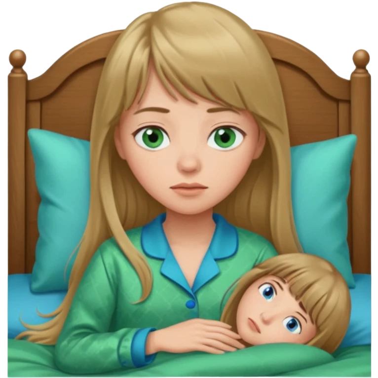 Woman with long dark blond hair and bang, blue eyes sleepy in bed  with green pyjama emoji