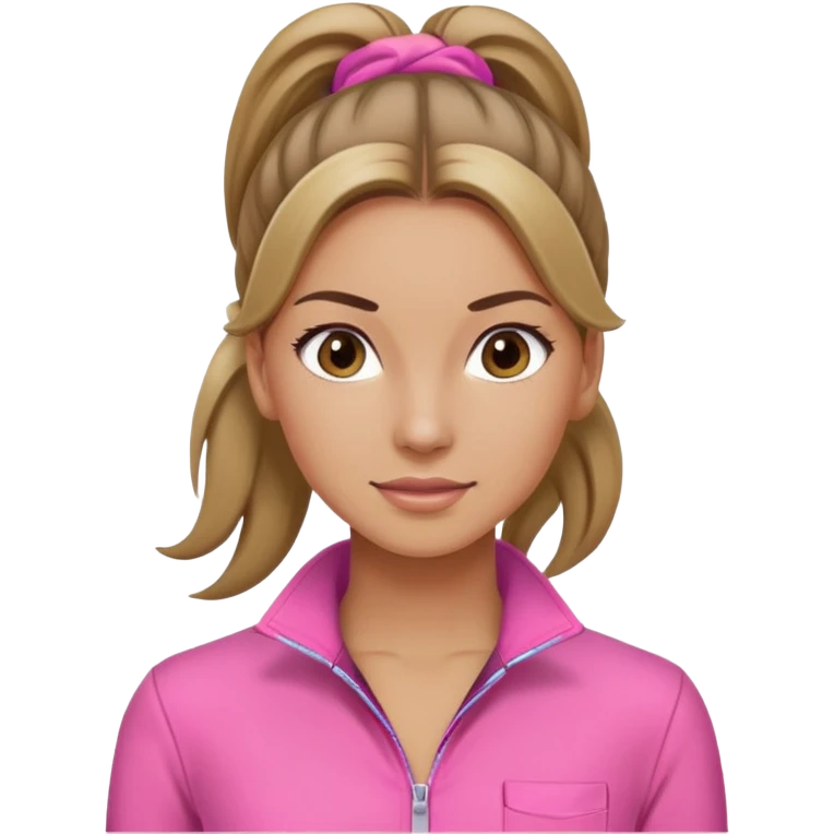 Woman dark blond hair ponytail pink  full body jumpsuit  emoji
