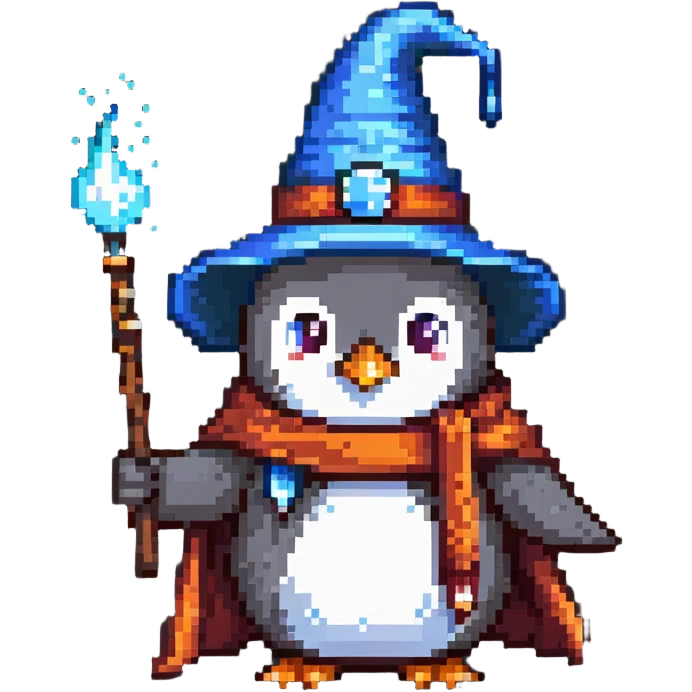 penguin wearing a wizard hat and robe, holding a magic wand emoji
