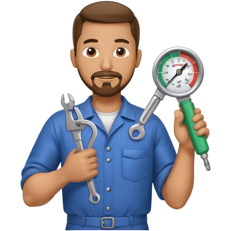 hispanic HVAC repairman action figure with goatee beard holding a wrench and refrigerant gauge emoji