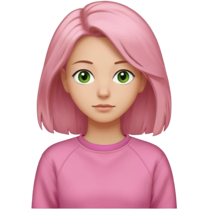  Una donna con una felpa semplice rosa, senza cappuccio,poi i capelli sono lunghi fino alle spalle marroni chiaro,gli occhi sono verdi  emoji