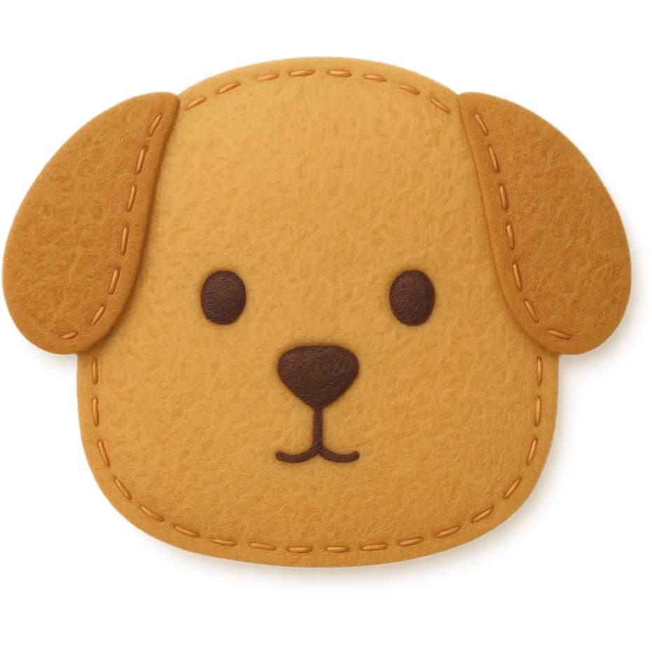 <StylePrompt>
  <Name>Minimal Felt Appliqué Icon</Name>
  <Description>
    A simplified plush icon style with soft felt textures, minimal facial features, and gentle stitching. Focuses on iconic shapes with low visual complexity for maximum clarity at small sizes.
  </Description>
  <VisualProperties>
    <Material>Felt</Material>
    <Texture>Soft, matte surface with faint fiber detail</Texture>
    <Stitching>
      <Type>Thin thread</Type>
      <Color>Muted orange or brown</Color>
      <Pattern>Sparse edge stitching only</Pattern>
    </Stitching>
    <Padding>Low to moderate—slightly puffy but not high-relief</Padding>
    <Edges>Smooth, rounded</Edges>
    <ColorPalette>
      <Primary>Warm yellows, oranges, and browns</Primary>
      <Accent>Minimal dark brown for eyes and nose</Accent>
      <Background>Plain or soft gradient, off-white preferred</Background>
    </ColorPalette>
  </VisualProperties>
  <FacialFeatures>
    <Eyes>Small circles, dark brown</Eyes>
    <Nose>Simple dot or triangle</Nose>
    <Mouth>Omit or use curved line only</Mouth>
    <DetailLevel>Low</DetailLevel>
  </FacialFeatures>
  <Rendering>
    <Lighting>Flat and soft, minimal shadows</Lighting>
    <Perspective>Side or front profile, no complex angles</Perspective>
  </Rendering>
  <Applicability>
    <SubjectType>Animals, objects, icons</SubjectType>
    <OutputFormat>Flat icon or patch-style asset</OutputFormat>
  </Applicability>
</StylePrompt>


{subject} = dog emoji