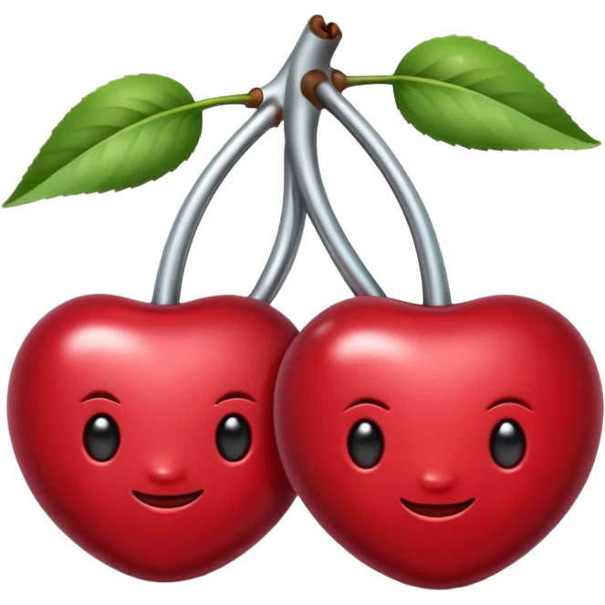 A pair of cherries emoji made of polished silver chrome, smooth rounded shapes, glossy metallic finish, soft highlights and reflections, cute proportions, iOS emoji style, centered, clean white background, no text emoji