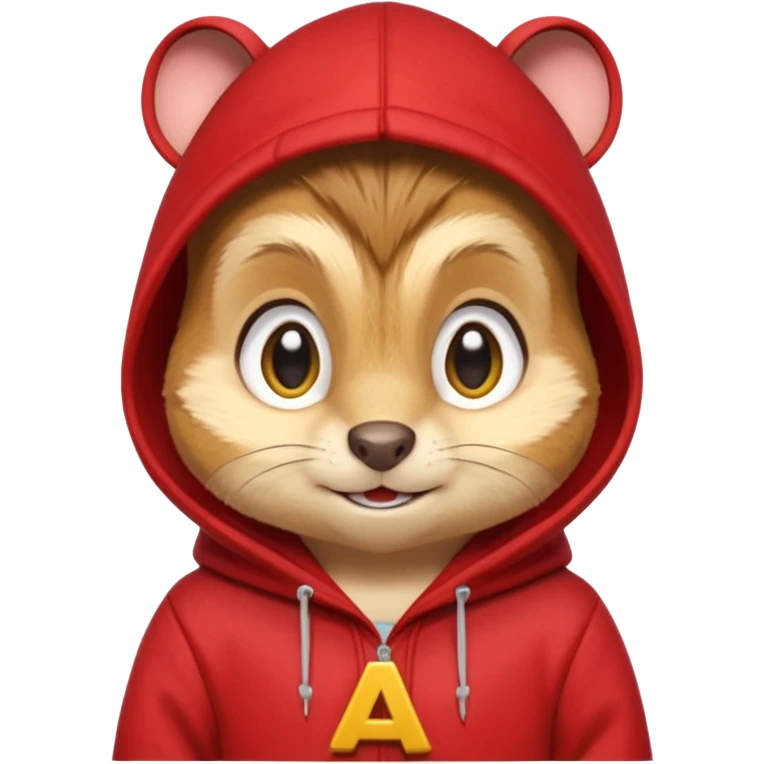Portrait of a cartoon chipmunk with light brown and beige fur, wearing a red hoodie no zip with a yellow 'A' on it, big round eyes, small nose, and a mischievous grin, front-facing, stylized in animated movie style emoji