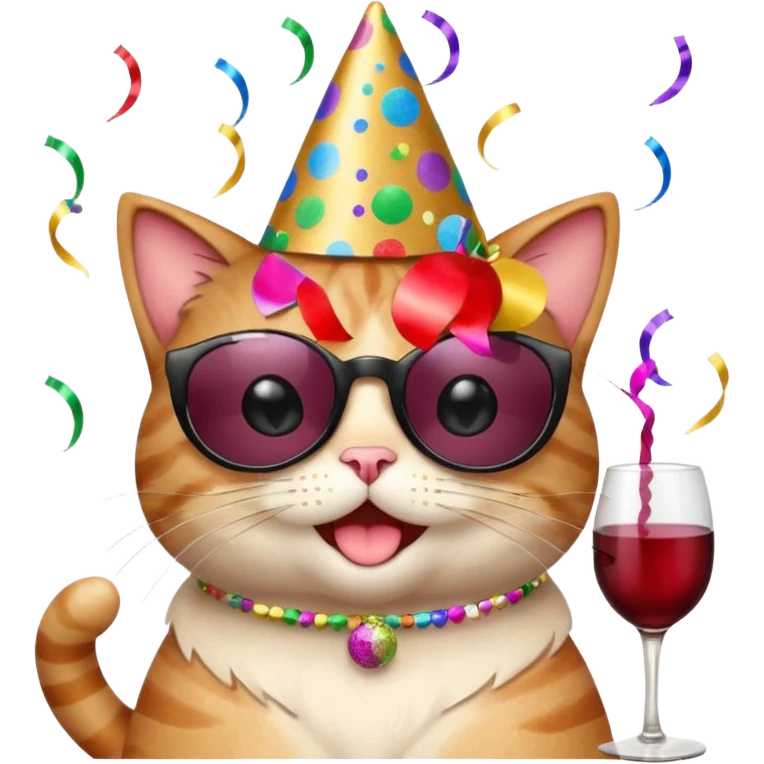 winking happy cat with a massive glittery birthday hat, black sunglasses, and a wine glass, surrounded by confetti and streamers, apple emoji style emoji