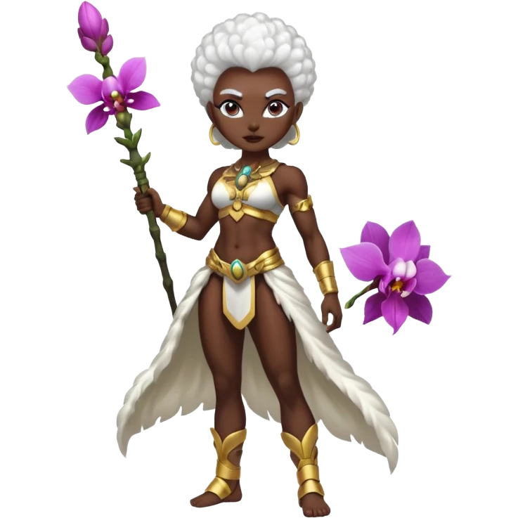 full body dark skin woman white hair afro muscular build orchid warrior spirit emoji