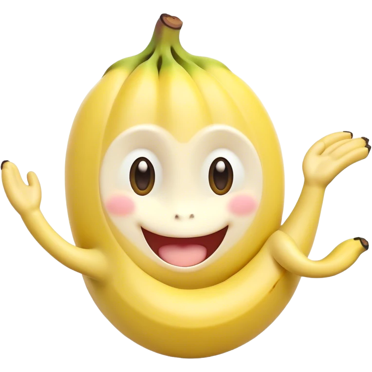 Cute Kawaii Banana, slightly curved, soft pastel yellow, cute giggling face with big round eyes, tiny arms waving happily, a peeled section revealing a smiling expression! emoji