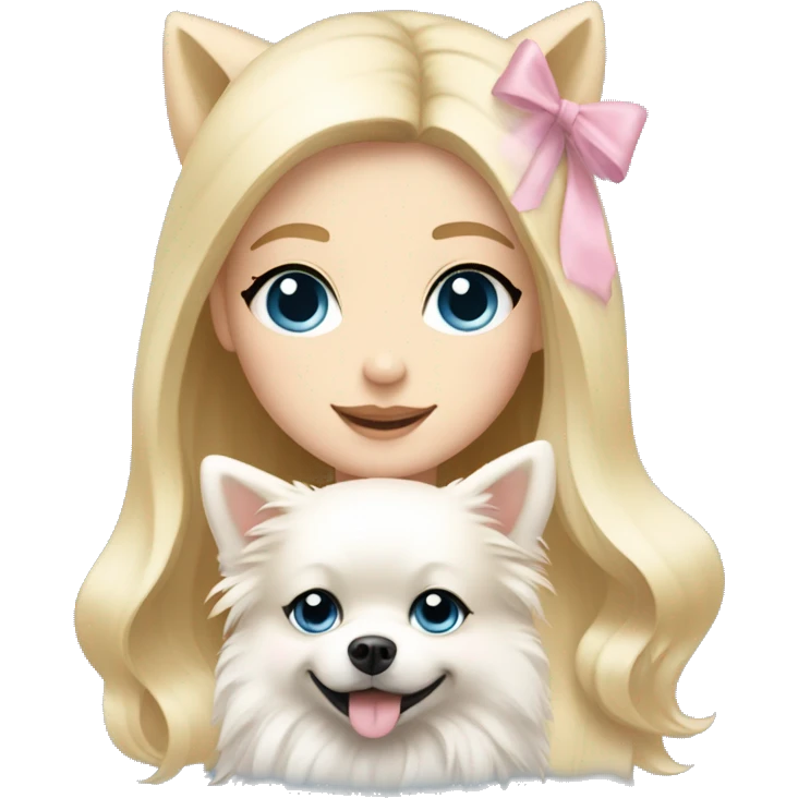 Blond girl white skin blue eyes hugging white Pomeranian with light pink bow emoji