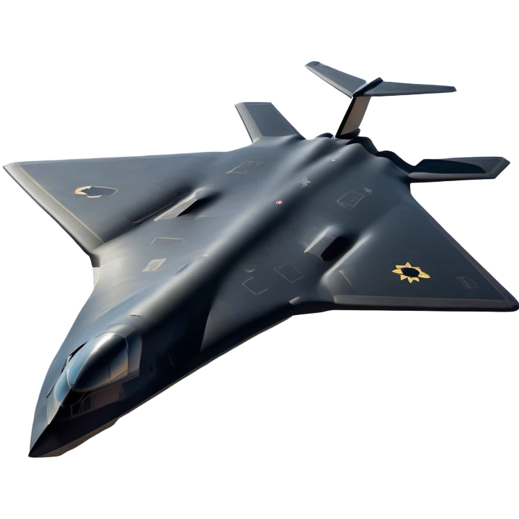 B-2 Spirit bomber - Northrop B-2 (Model Year: 2021) (Iconic colour: Stealth black) - A sleek, stealth bomber with smooth, angular contours and a matte jet-black finish. Emphasize a futuristic, minimalist design with a seamless fuselage, low-profile wings, and an overall intimidating stealth aesthetic. emoji