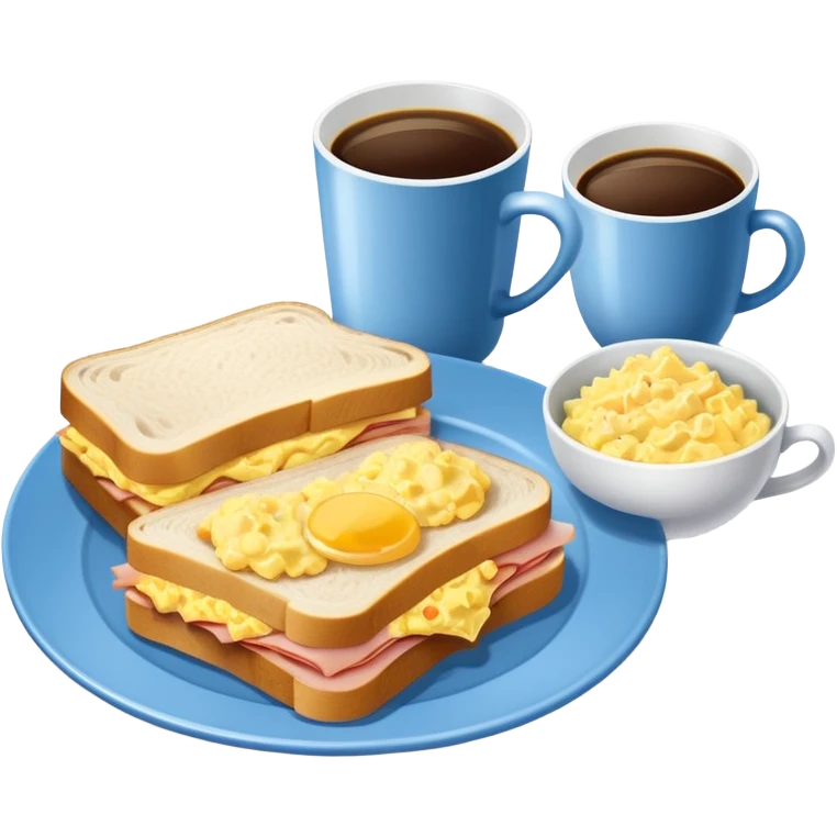 a blue breakfast plate, a sandwich with ham and scrambled eggs and a cup of white coffee emoji