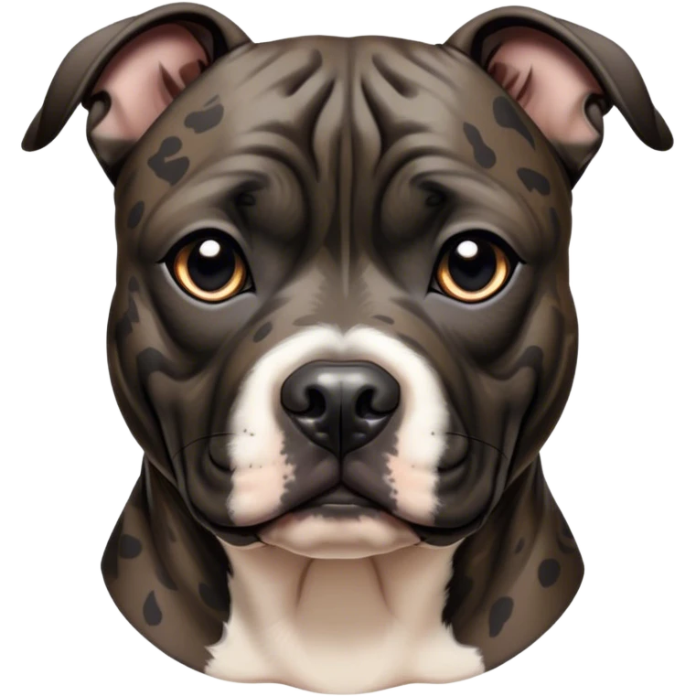 Cinematic Noble Black/Brindle Staffordshire Bull Terrier Portrait Emoji, Poised and regal, with a compact, muscular build and a sleek, well-groomed Fur featuring a striking mix of black and brindle patterns, deep-set soulful dark eyes, Simplified yet sharp and sophisticated features, highly detailed, glowing with a soft, dignified glow, high shine, intelligent and loyal, stylized with an air of strength, focused and attentive, soft glowing outline, capturing the essence of a watchful and confident guardian, so majestic it feels as though it could stride out of the screen with effortless authority! emoji