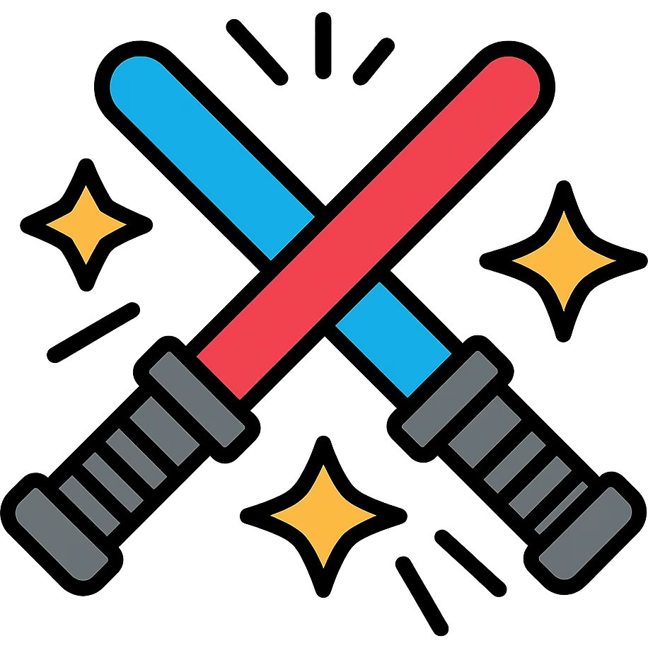 crossed blue and red lightsabers with dynamic motion lines and yellow sparks emoji