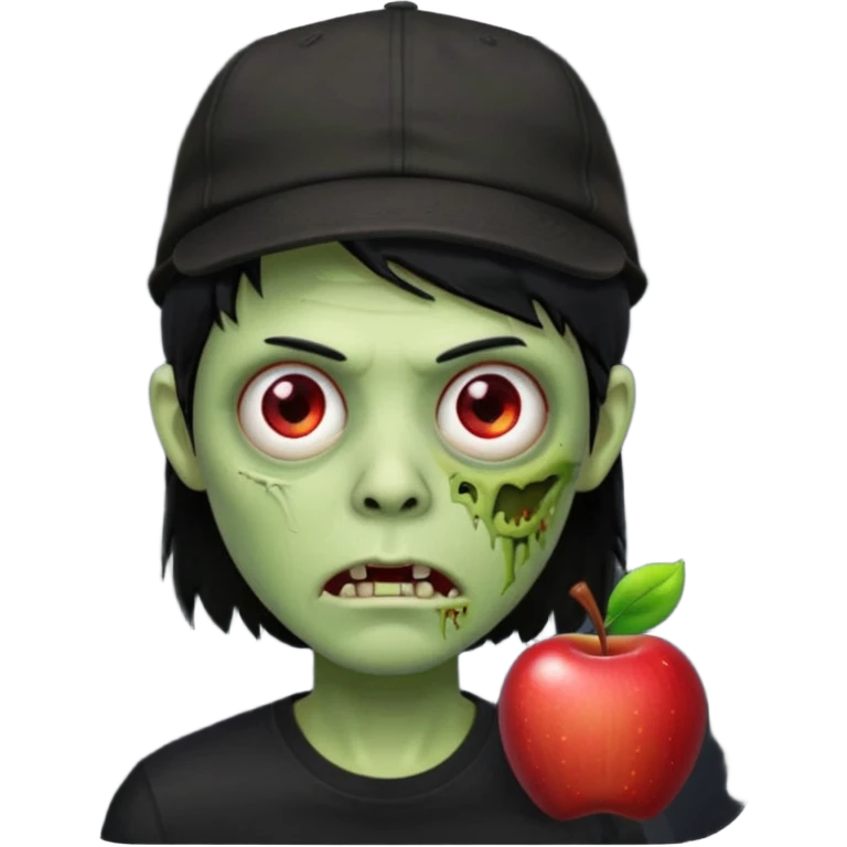 Green zombie, black hair, designer cap turned to the left, black shirt. Apple iOS style. emoji