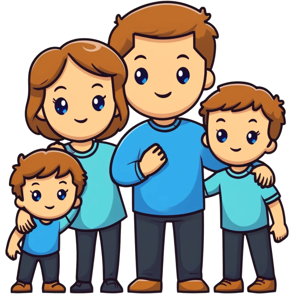 Family with mother, father and three little girls, everyone has light brown hair and blue eyes emoji