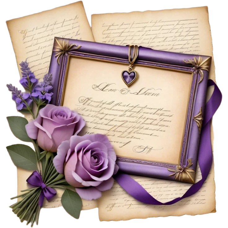 A delicate bouquet of lavender sprigs, dusty mauve roses, and deep violet peonies rests atop an antique love letter, its parchment kissed by time, tied with a silken amethyst ribbon forming an elegant bow. Nearby, a tiny heart-shaped locket gleams softly beneath the glow of a crescent moon, while scattered pressed pansies in shades of lilac and plum whisper forgotten sentiments of devotion. A few golden stars shimmer faintly, caught in the folds of the vintage fabric beneath the bouquet, adding a touch of celestial romance. emoji