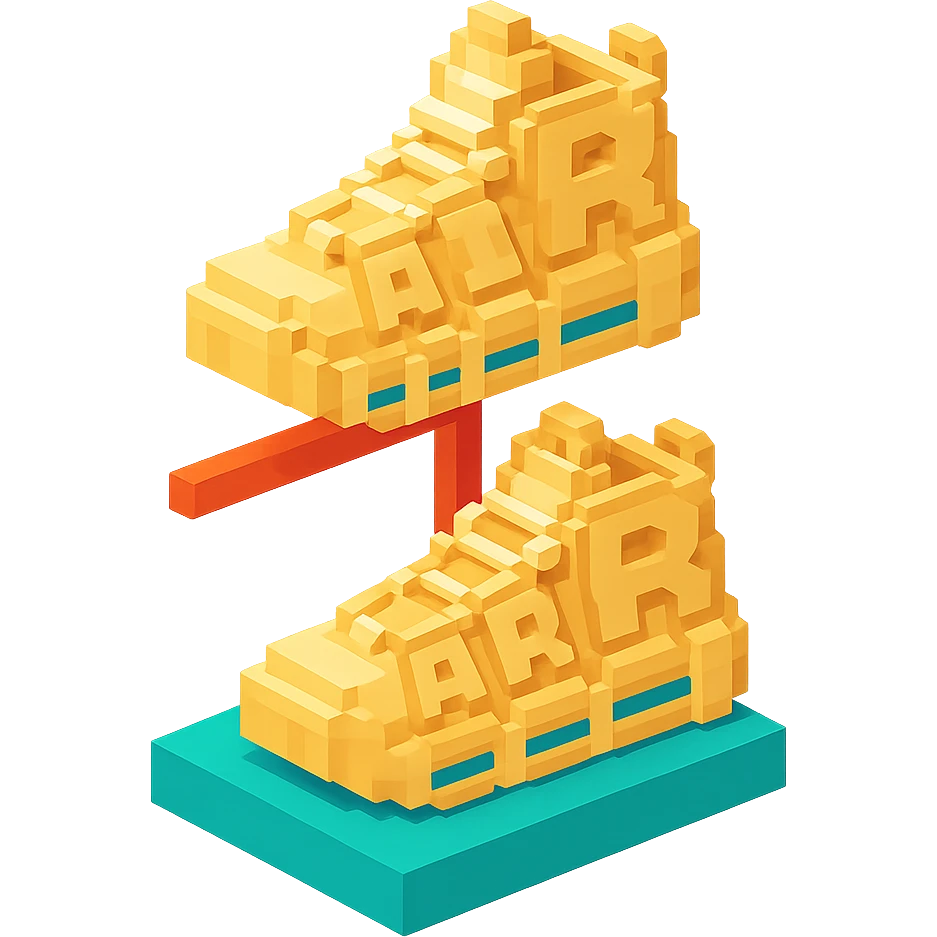 two pairs of Nike Air More Uptempo sneakers in beige on a display stand emoji