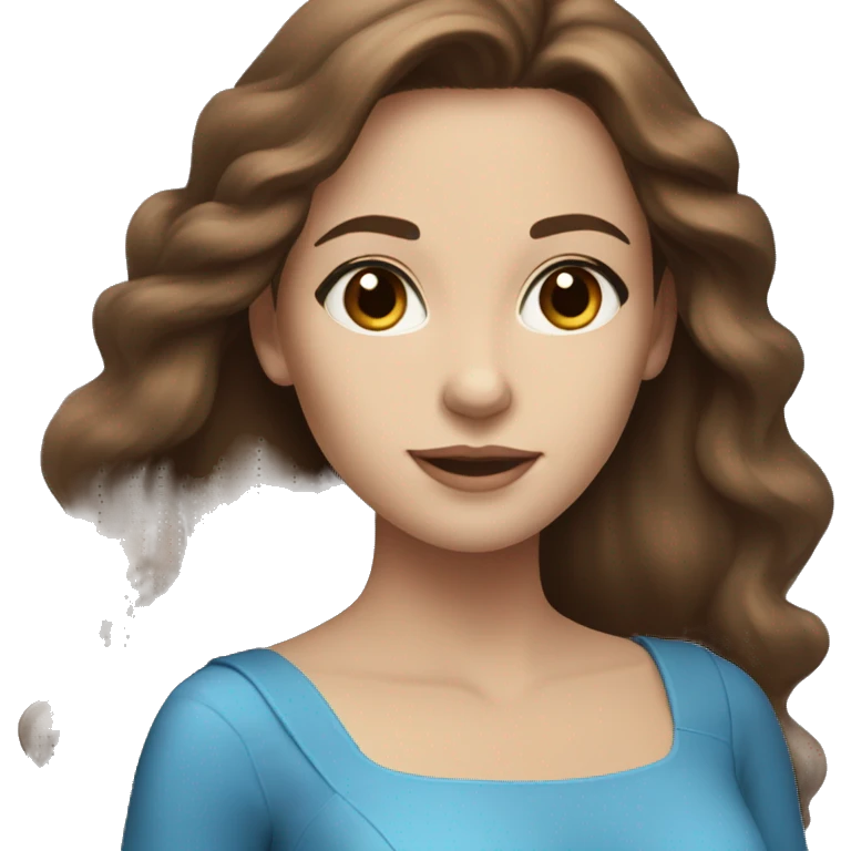 A beautiful woman with long brown hair and a blue dress white skin brown eyes emoji
