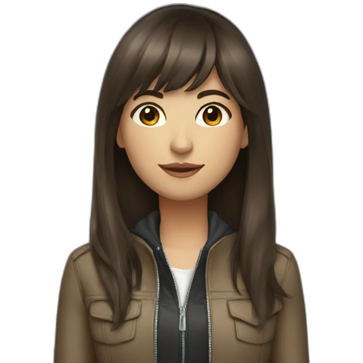 brunette girl with long hair and bangs in a jacket emoji