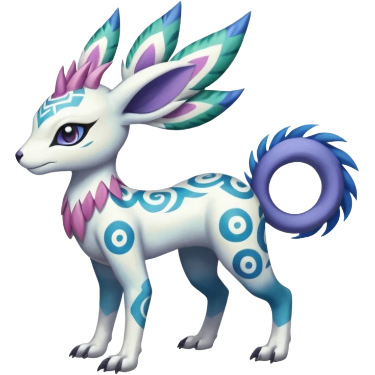 Tropical Tiny Marked Patterned Tribal Colorful Skilled Adept Graceful Asian Painted Garurumon-Meloetta-Absol-Suicune-Cobalion-fusion-hybrid-creature (full body) emoji