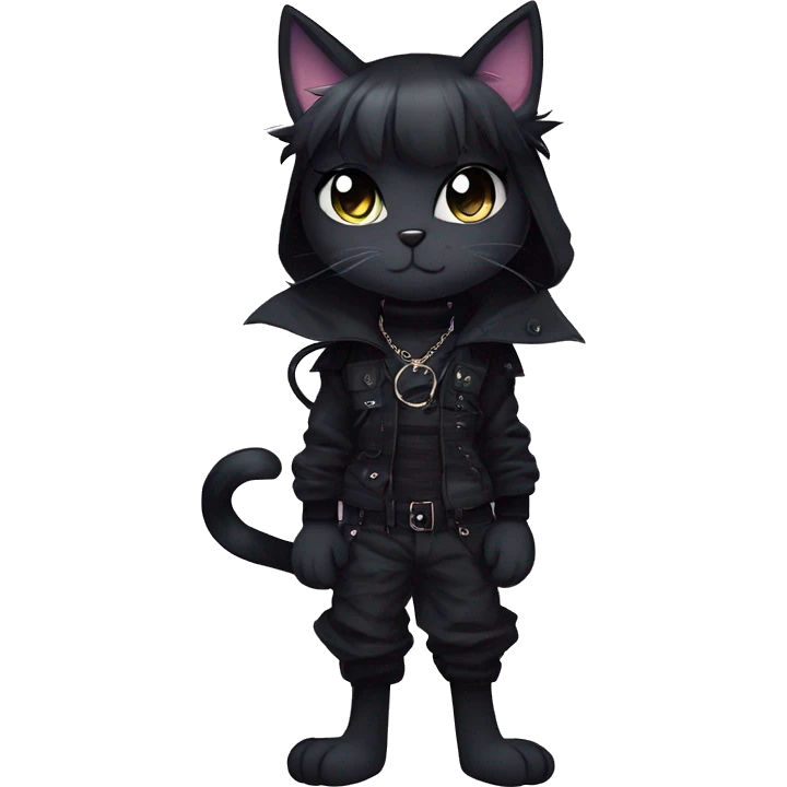 Gorgeous gothic dark techwear anime style anthro black cat furry with blushing face aesthetic and pretty edgy black with collar and harness trending style emoji