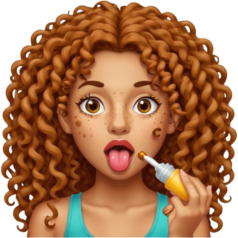 a mixed girl with long curly hair sticking her tongue out with spit emoji