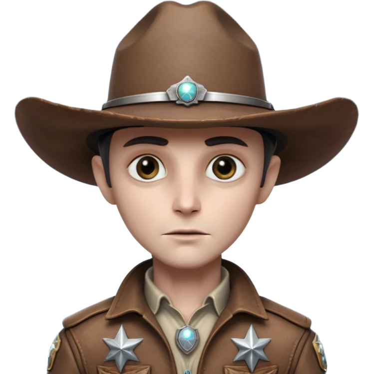 Close-up portrait of a classic grey alien cowboy, large black eyes, smooth pale skin, wearing a worn leather cowboy hat and futuristic sheriff badge, dramatic side lighting, shallow depth of field, ultra detailed skin texture, cinematic western sci-fi style
 emoji