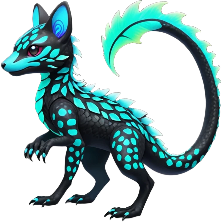 Rare realistic black-scaled neon-glowing bioluminescent edgy badass epic pretty beautiful handsome gorgeous aesthetic colorful vibrant Vernid-Trico-species-Fakemon-creature by LiLaiRa, 4 legs, 1 tail, random markings, (full body) emoji