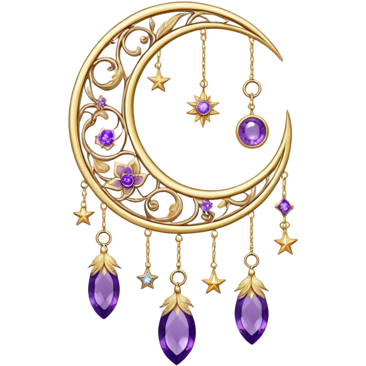 Epic beautiful gorgeous cute gold suncatcher, threads with shiny sparkly amethyst gemstones, flowers, crescents-moons, stars, gold Feathers  emoji