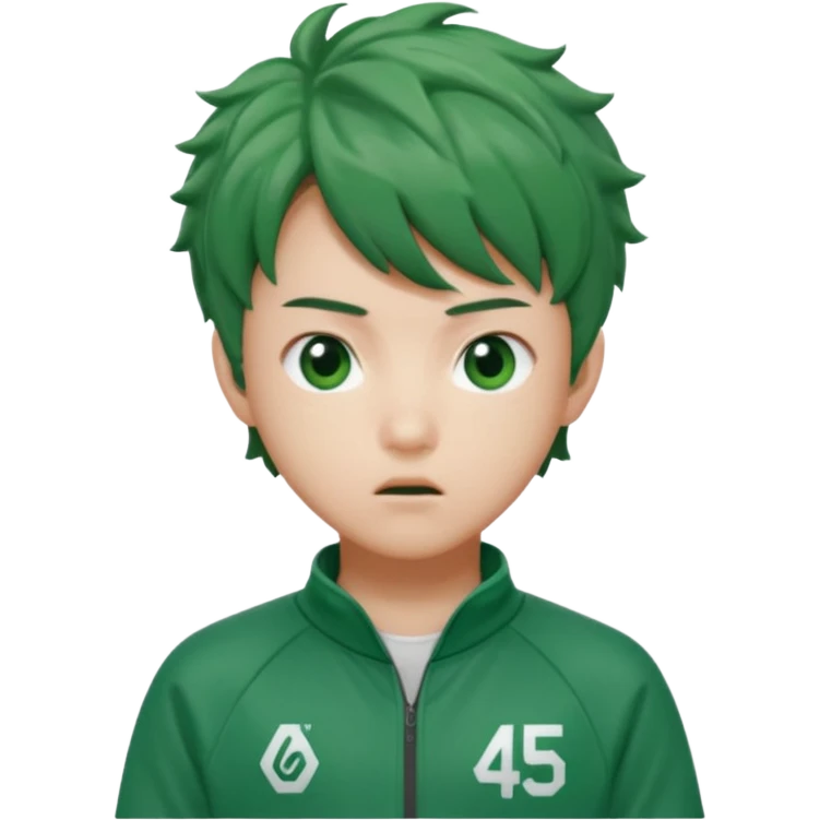Gi-hun (player 456) from Squid Game, wearing a green tracksuit with the number 456, short messy hair, expressive face emoji
